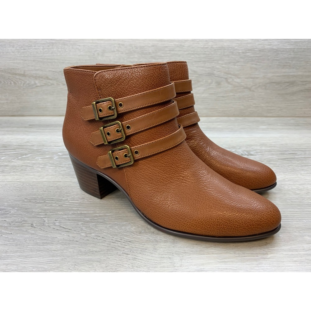 Clarks Artisan Tan Leather Triple Buckle Ankle Boots Women's 10 Comfort Shoes